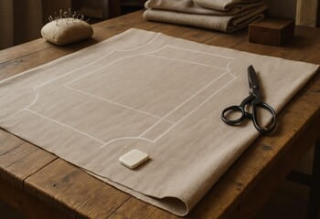 Kesim masasında kumaş yerleşimi: ahşap masa ve tebeşir çizgileri