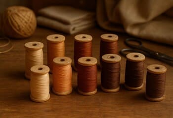Ahşap makaralarda iplikler: sıcak tonlarda düzenli dizilim