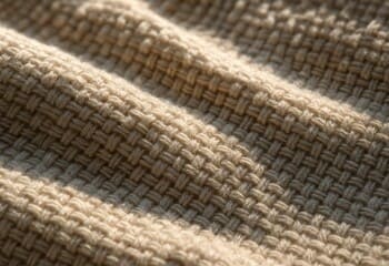 Pamuk dokuma kumaşın makro çekimi: dobby desenli yüzeyde ışık oyunu