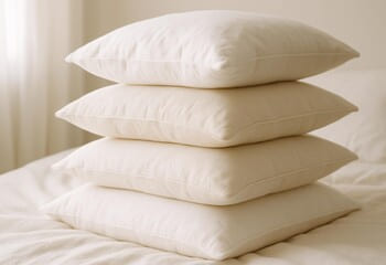 Katmanlı beyaz-krem yastıklar: doğal ışıkta pofuduk ve davetkâr görünüm