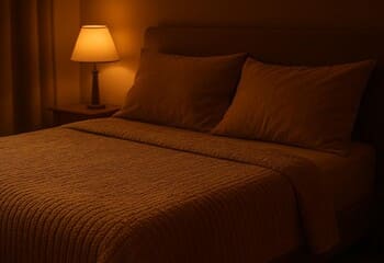 Gece ışığında sıcak tonlu yatak: şönil ara örtü ve loş aydınlatma