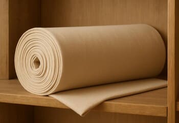 Pastel kum tonu kumaş rulosu: sıcak ahşap raf üzerinde yumuşak doku