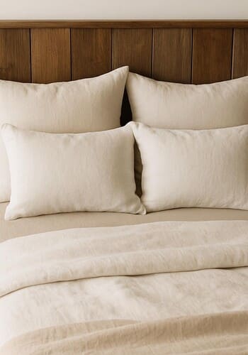 Ahşap başlığa uygun nötr set: krem keten, bej çarşaf ve yumuşak yastıklar