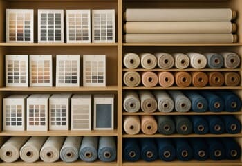 Mağaza içi: raflarda düzenli kumaş ruloları ve numune kartları