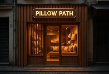 Pillow Path mağaza cephesi: ahşap çıtalı giriş ve sıcak ışık