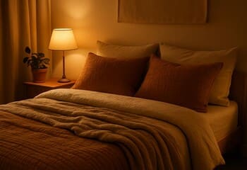 Loş ışıkta keten nevresim: sıcak ve rahat akşam atmosferi