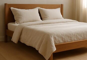 Masif ahşap yatakta krem keten nevresim: dokulu örtü ve zarif çizgiler