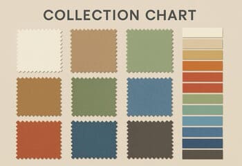 Koleksiyon çizelgesine eşlik eden kumaş örnekleri ve renk şeritleri