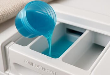 Sıvı deterjan: ölçü kaşığı ve şeffaf kap